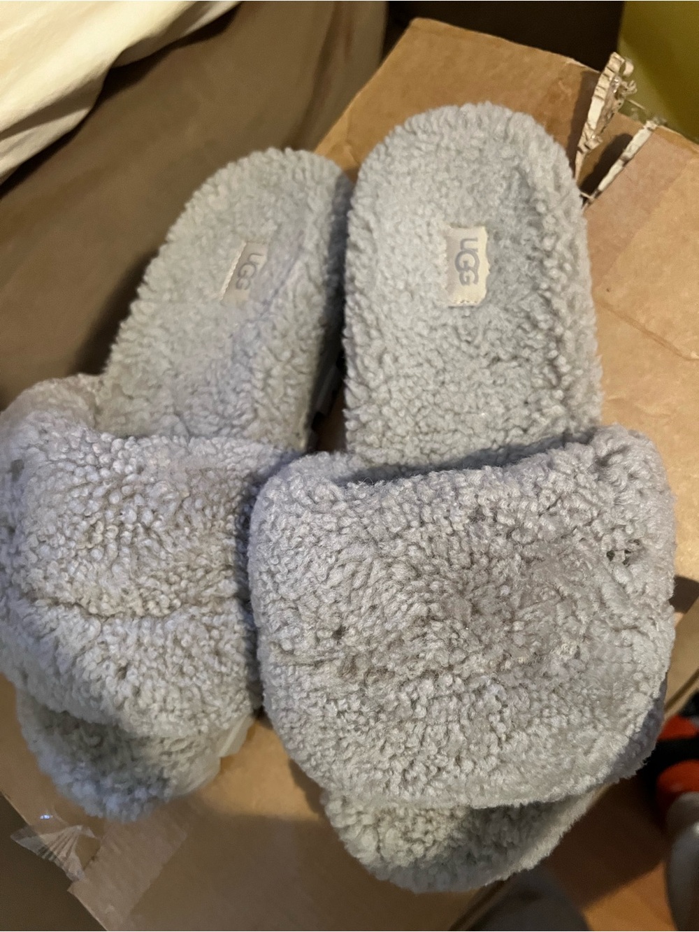 UGG Plush Shearling Slide Slippers in Light Blue